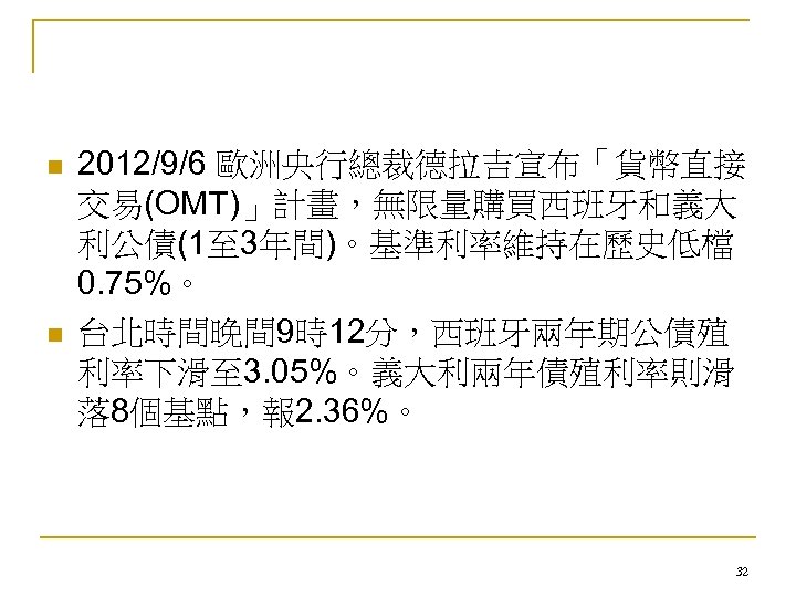 n n 2012/9/6 歐洲央行總裁德拉吉宣布「貨幣直接 交易(OMT)」計畫，無限量購買西班牙和義大 利公債(1至 3年間)。基準利率維持在歷史低檔 0. 75%。 台北時間晚間 9時12分，西班牙兩年期公債殖 利率下滑至 3. 05%。義大利兩年債殖利率則滑