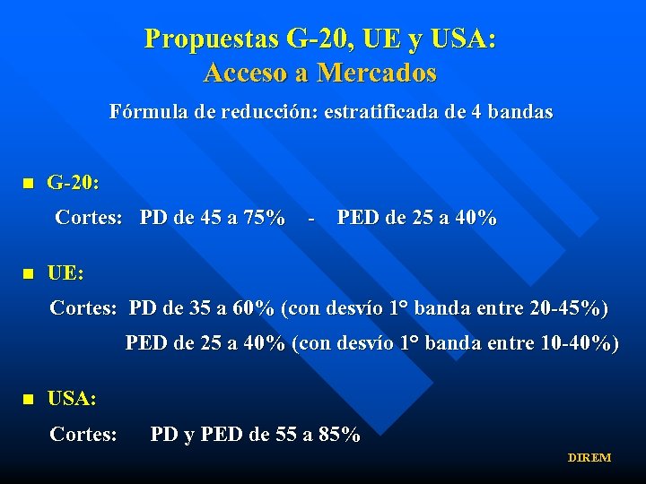 Propuestas G-20, UE y USA: Acceso a Mercados Fórmula de reducción: estratificada de 4