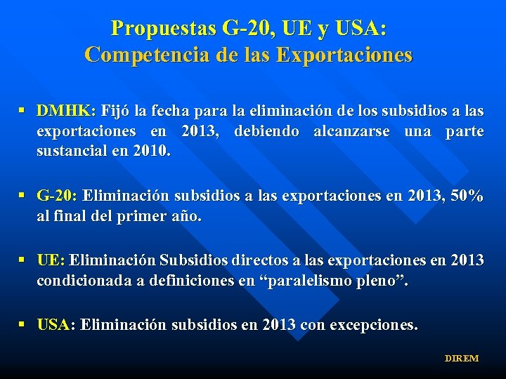 Propuestas G-20, UE y USA: Competencia de las Exportaciones § DMHK: Fijó la fecha