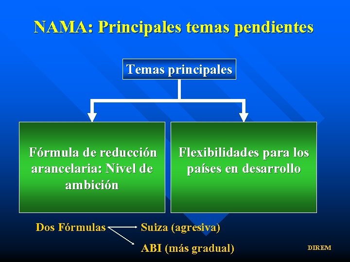 NAMA: Principales temas pendientes Temas principales Fórmula de reducción arancelaria: Nivel de ambición Dos