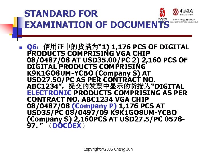 STANDARD FOR EXAMINATION OF DOCUMENTS n Q 6：信用证中的货描为“ 1) 1, 176 PCS OF DIGITAL