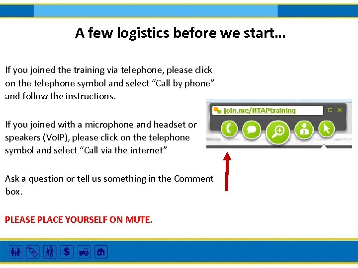 A few logistics before we start… If you joined the training via telephone, please