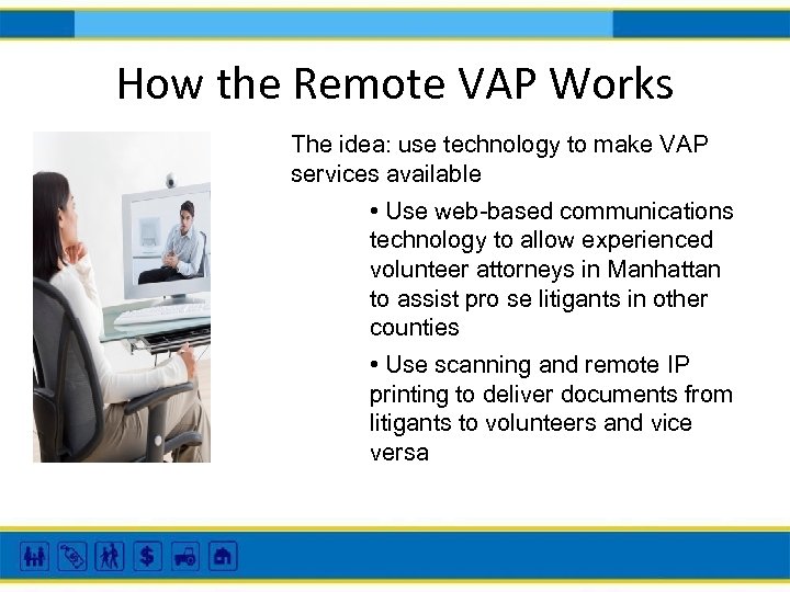 How the Remote VAP Works The idea: use technology to make VAP services available