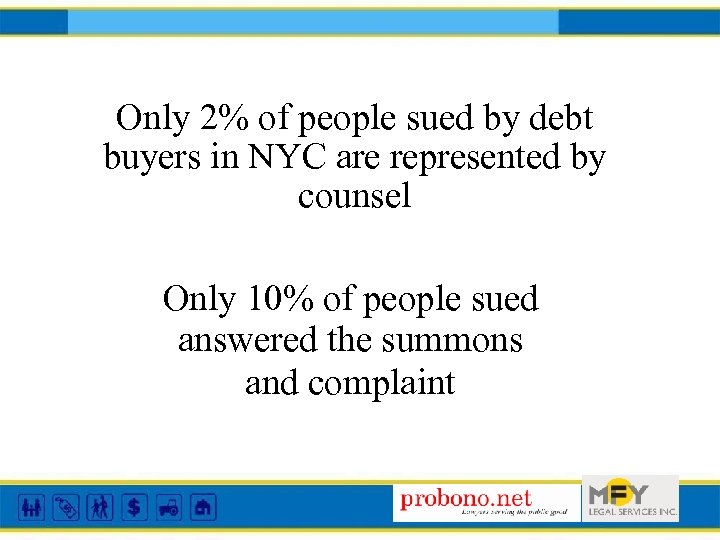 Only 2% of people sued by debt buyers in NYC are represented by counsel