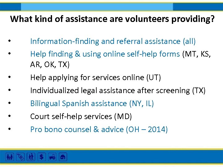What kind of assistance are volunteers providing? • • Information-finding and referral assistance (all)