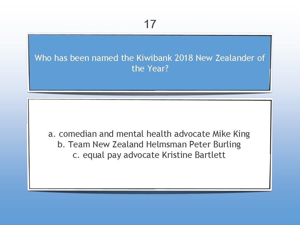 17 Who has been named the Kiwibank 2018 New Zealander of the Year? a.