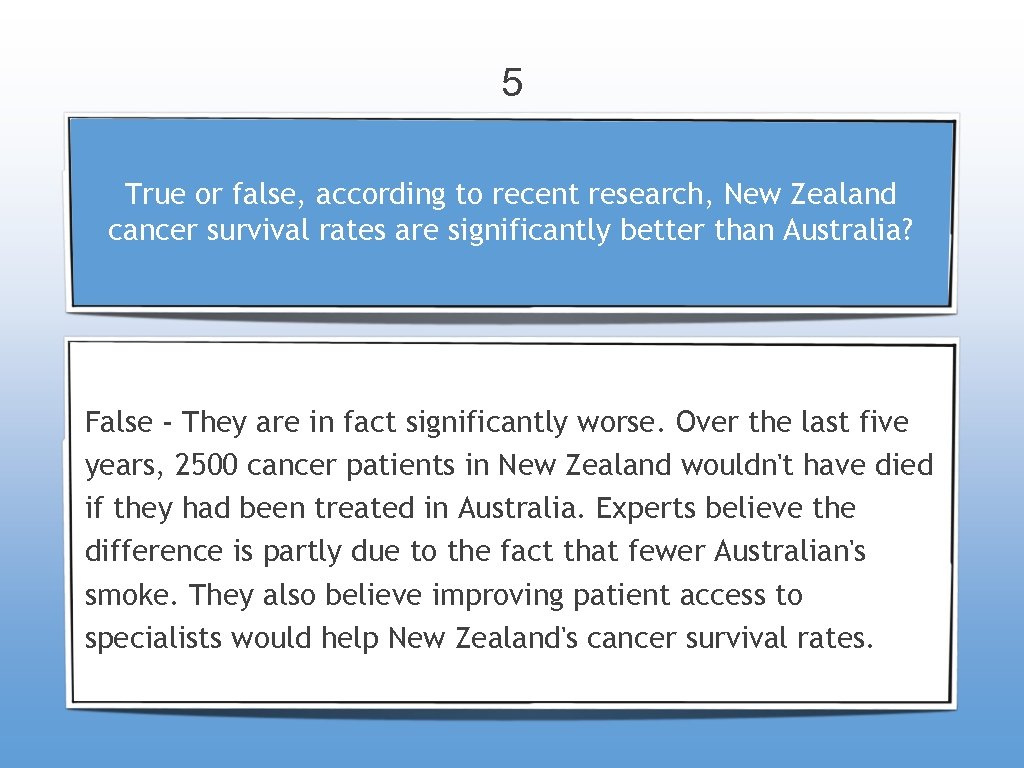 5 True or false, according to recent research, New Zealand cancer survival rates are