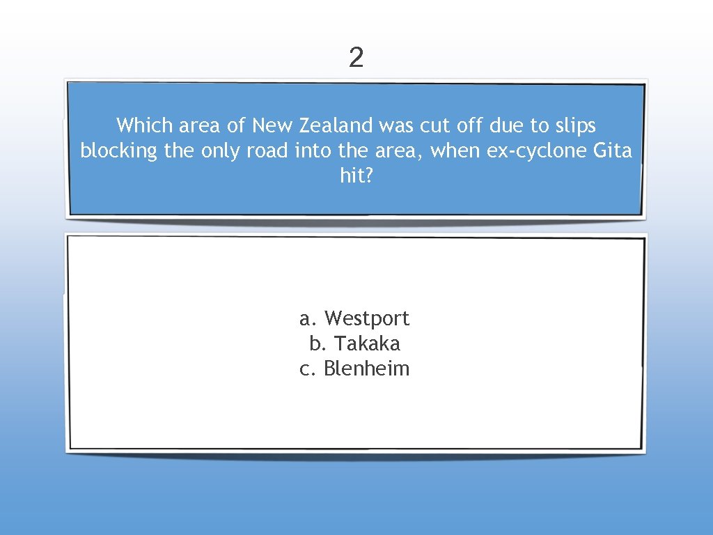 2 Which area of New Zealand was cut off due to slips blocking the