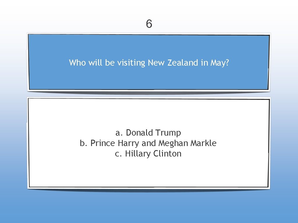 6 Who will be visiting New Zealand in May? a. Donald Trump b. Prince