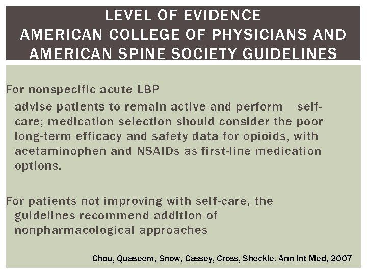 LEVEL OF EVIDENCE AMERICAN COLLEGE OF PHYSICIANS AND AMERICAN SPINE SOCIETY GUIDELINES For nonspecific