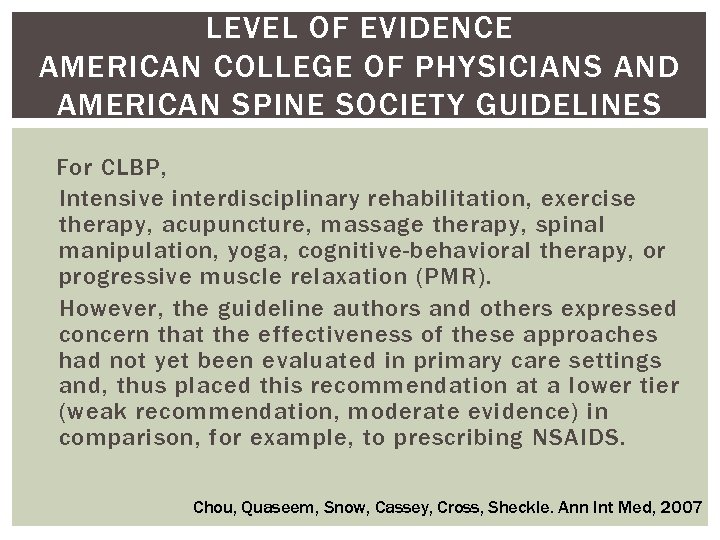 LEVEL OF EVIDENCE AMERICAN COLLEGE OF PHYSICIANS AND AMERICAN SPINE SOCIETY GUIDELINES For CLBP,