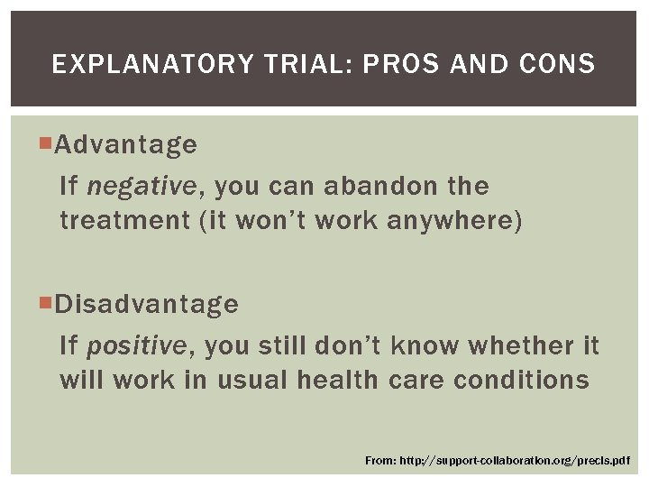EXPLANATORY TRIAL: PROS AND CONS Advantage If negative, you can abandon the treatment (it