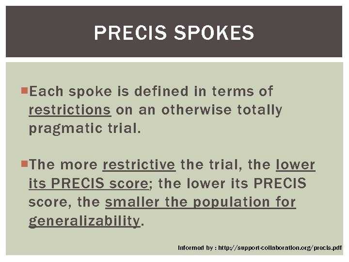 PRECIS SPOKES Each spoke is defined in terms of restrictions on an otherwise totally