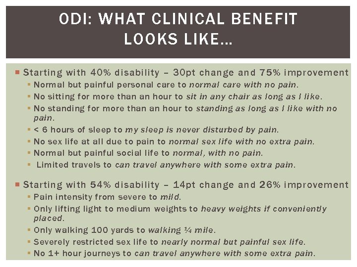 ODI: WHAT CLINICAL BENEFIT LOOKS LIKE… Starting with 40% disability – 30 pt change