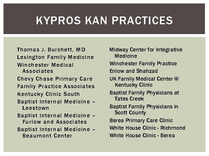 KYPROS KAN PRACTICES Thomas J. Burchett, MD Lexington Family Medicine Winchester Medical Associates Chevy