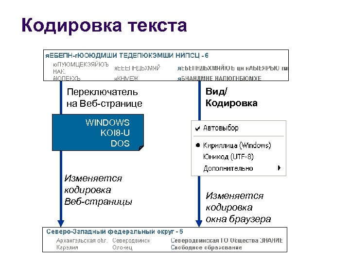 Кодировка текста Переключатель на Веб-странице Вид/ Кодировка WINDOWS KOI 8 -U DOS Изменяется кодировка