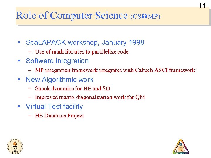 14 Role of Computer Science (CS MP) • Sca. LAPACK workshop, January 1998 –