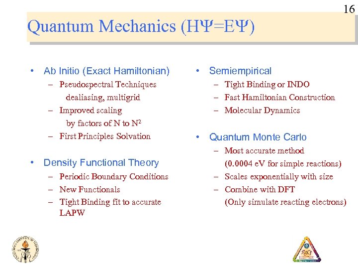 16 Quantum Mechanics (HY=EY) • Ab Initio (Exact Hamiltonian) – Pseudospectral Techniques dealiasing, multigrid