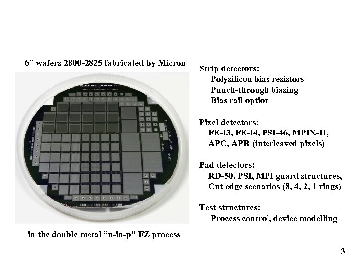 6” wafers 2800 -2825 fabricated by Micron Strip detectors: Polysilicon bias resistors Punch-through biasing