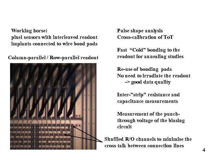 Working horse: pixel sensors with interleaved readout implants connected to wire bond pads Column-parallel