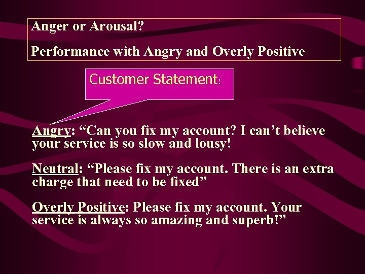 Anger or Arousal? Performance with Angry and Overly Positive Customer Statement: Angry: “Can you