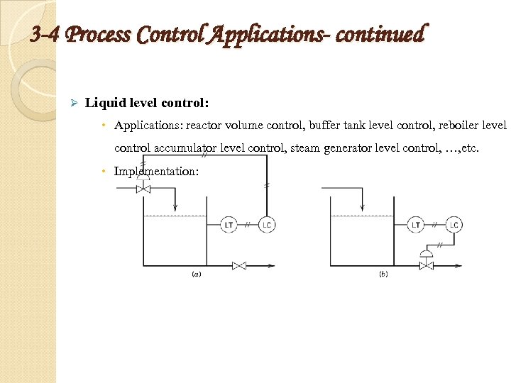 3 -4 Process Control Applications- continued Ø Liquid level control: Applications: reactor volume control,