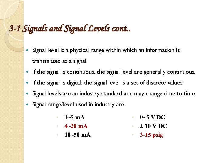 3 -1 Signals and Signal Levels cont. . Signal level is a physical range