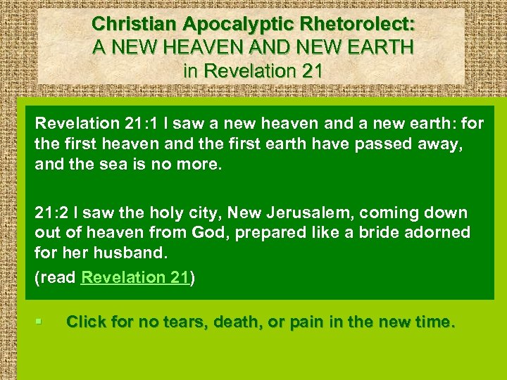 Christian Apocalyptic Rhetorolect: A NEW HEAVEN AND NEW EARTH in Revelation 21: 1 I