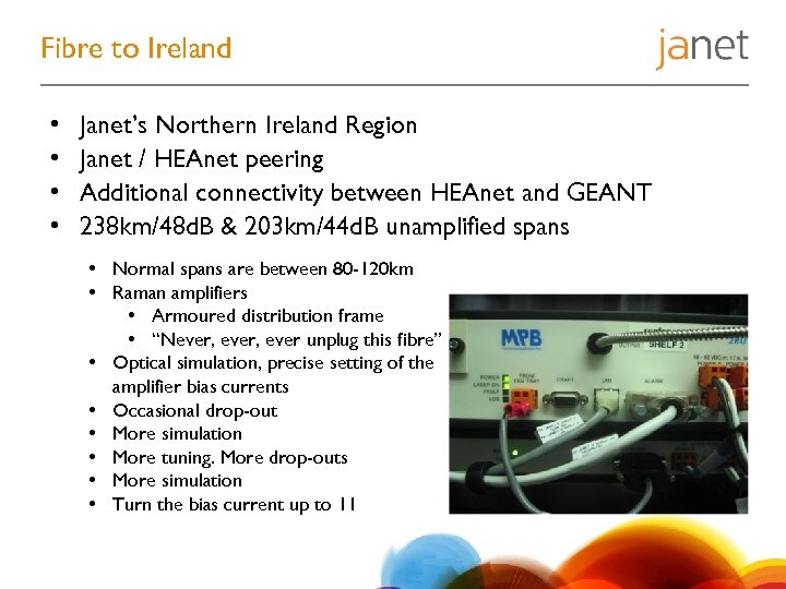 Fibre to Ireland • • Janet’s Northern Ireland Region Janet / HEAnet peering Additional