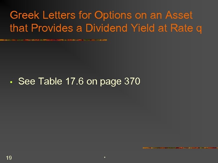 Greek Letters for Options on an Asset that Provides a Dividend Yield at Rate