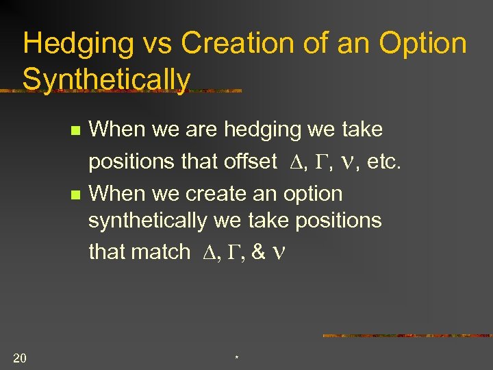 Hedging vs Creation of an Option Synthetically n n 20 When we are hedging