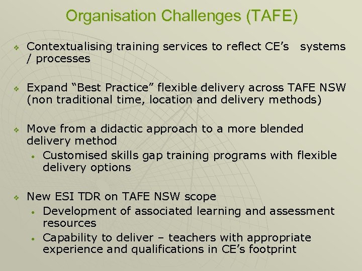Organisation Challenges (TAFE) v v Contextualising training services to reflect CE’s / processes systems