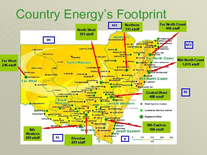 Country Energy’s Footprint NEI North West 301 staff Northern 353 staff Far North Coast