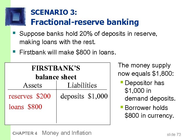 SCENARIO 3: Fractional-reserve banking § Suppose banks hold 20% of deposits in reserve, making