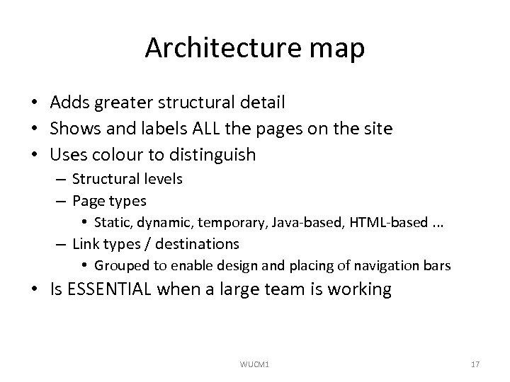 Architecture map • Adds greater structural detail • Shows and labels ALL the pages