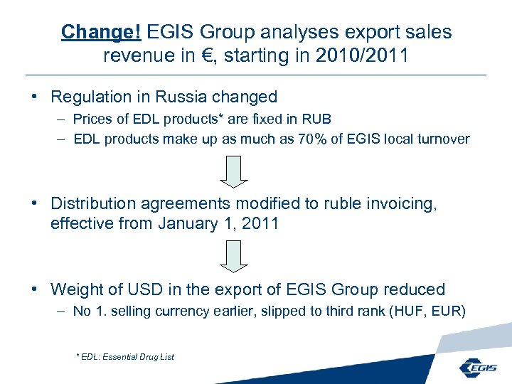 Change! EGIS Group analyses export sales revenue in €, starting in 2010/2011 • Regulation