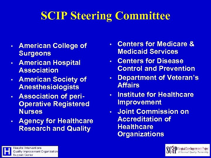 SCIP Steering Committee • • • American College of Surgeons American Hospital Association American