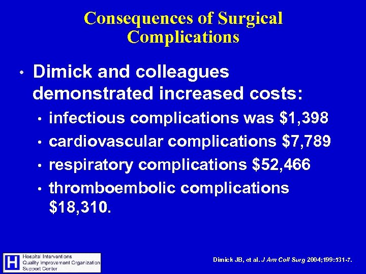 Consequences of Surgical Complications • Dimick and colleagues demonstrated increased costs: infectious complications was