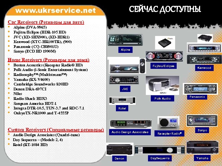 СЕЙЧАС ДОСТУПНЫ Car Receivers (Ресиверы для авто) • • • Alpine (DVA-9965) Fujitsu/Eclipse (HDR-105