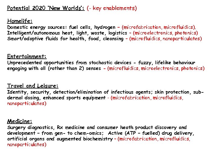 Potential 2020 ‘New Worlds’: (- key enablements) Homelife: Domestic energy sources: fuel cells, hydrogen