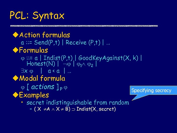 PCL: Syntax u. Action formulas a : : = Send(P, t) | Receive (P,