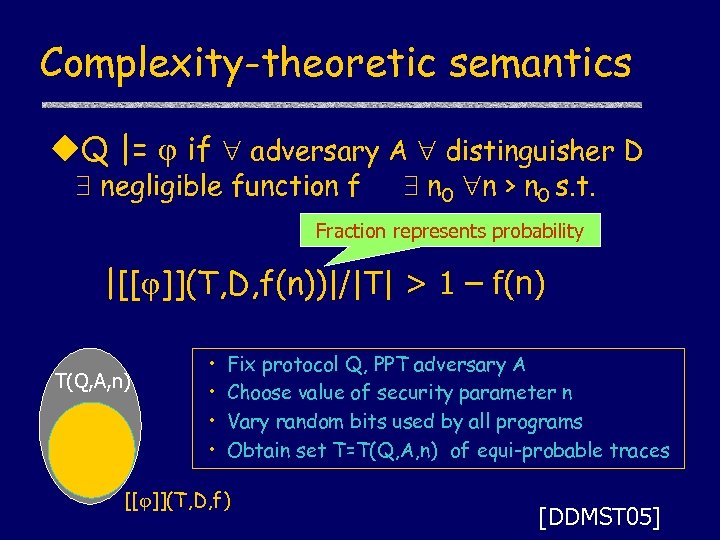Complexity-theoretic semantics u. Q |= if adversary A distinguisher D negligible function f n