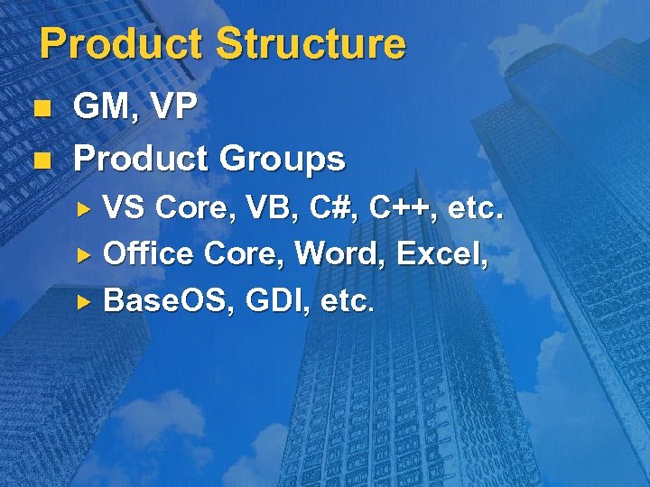 Product Structure n n GM, VP Product Groups VS Core, VB, C#, C++, etc.