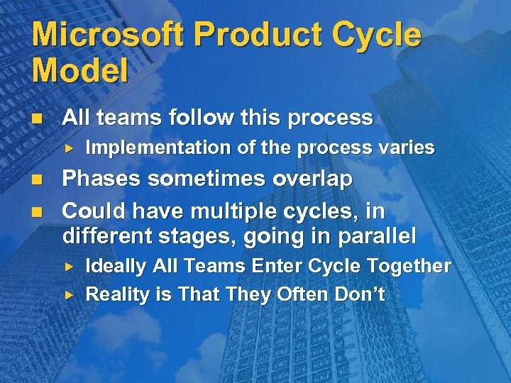 Microsoft Product Cycle Model n All teams follow this process n n Implementation of