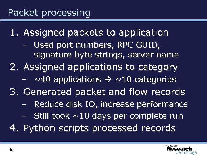 Packet processing 1. Assigned packets to application – Used port numbers, RPC GUID, signature