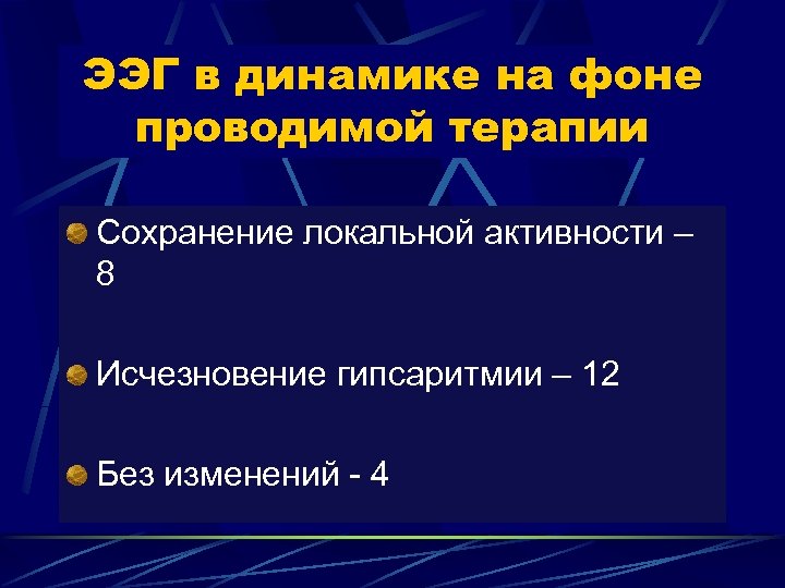 ЭЭГ в динамике на фоне проводимой терапии Сохранение локальной активности – 8 Исчезновение гипсаритмии