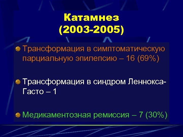 Катамнез (2003 -2005) Трансформация в симптоматическую парциальную эпилепсию – 16 (69%) Трансформация в синдром