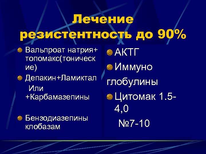 Лечение резистентность до 90% Вальпроат натрия+ топомакс(тоническ ие) Депакин+Ламиктал Или +Карбамазепины Бензодиазепины клобазам АКТГ