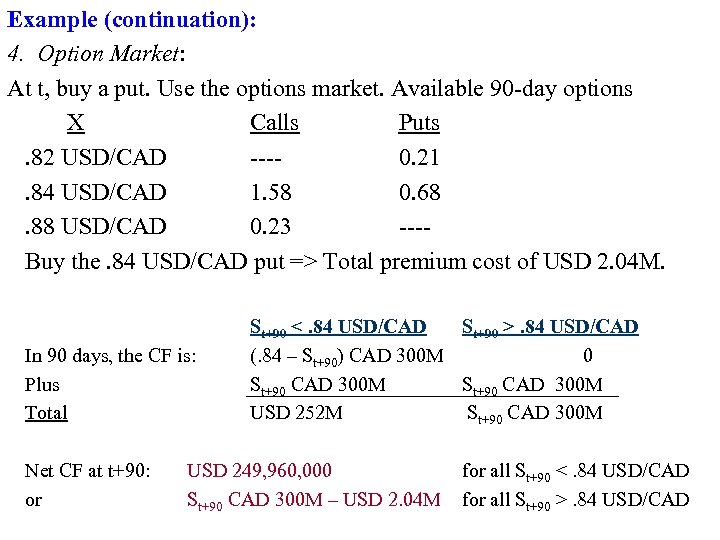 Example (continuation): 4. Option Market: At t, buy a put. Use the options market.