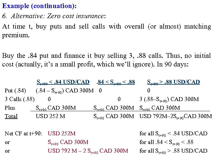 Example (continuation): 6. Alternative: Zero cost insurance: At time t, buy puts and sell